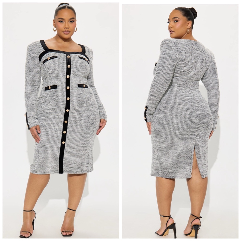 Fashion Nova Black and Gray Buttoned Midi Dress